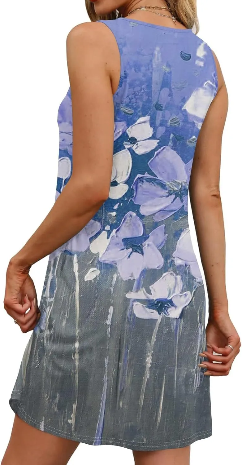 Sundresses for Women 2025 Casual Sleeveless Floral Printed Dress Loose Fit Dresses with Pockets