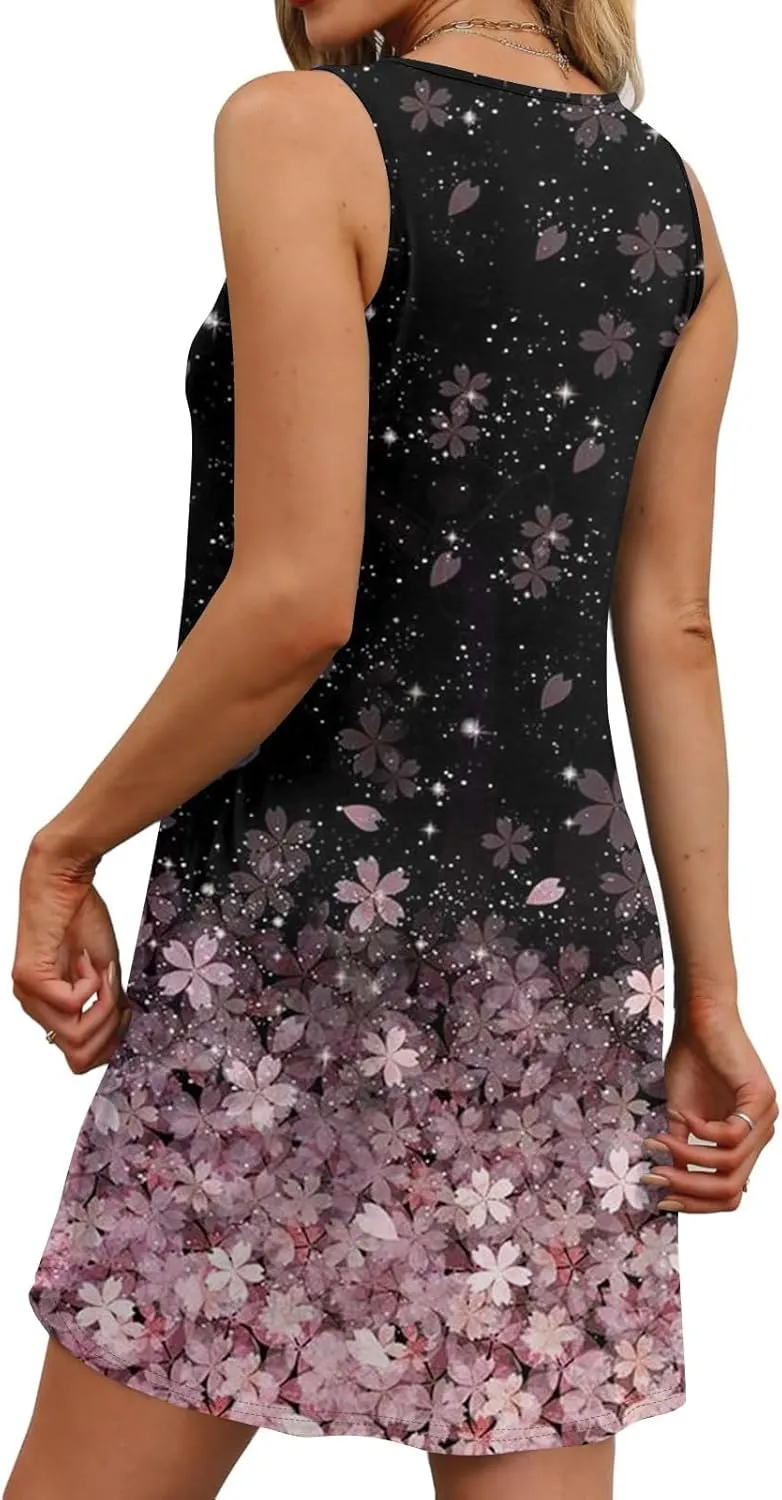 Sundresses for Women 2025 Casual Sleeveless Floral Printed Dress Loose Fit Dresses with Pockets