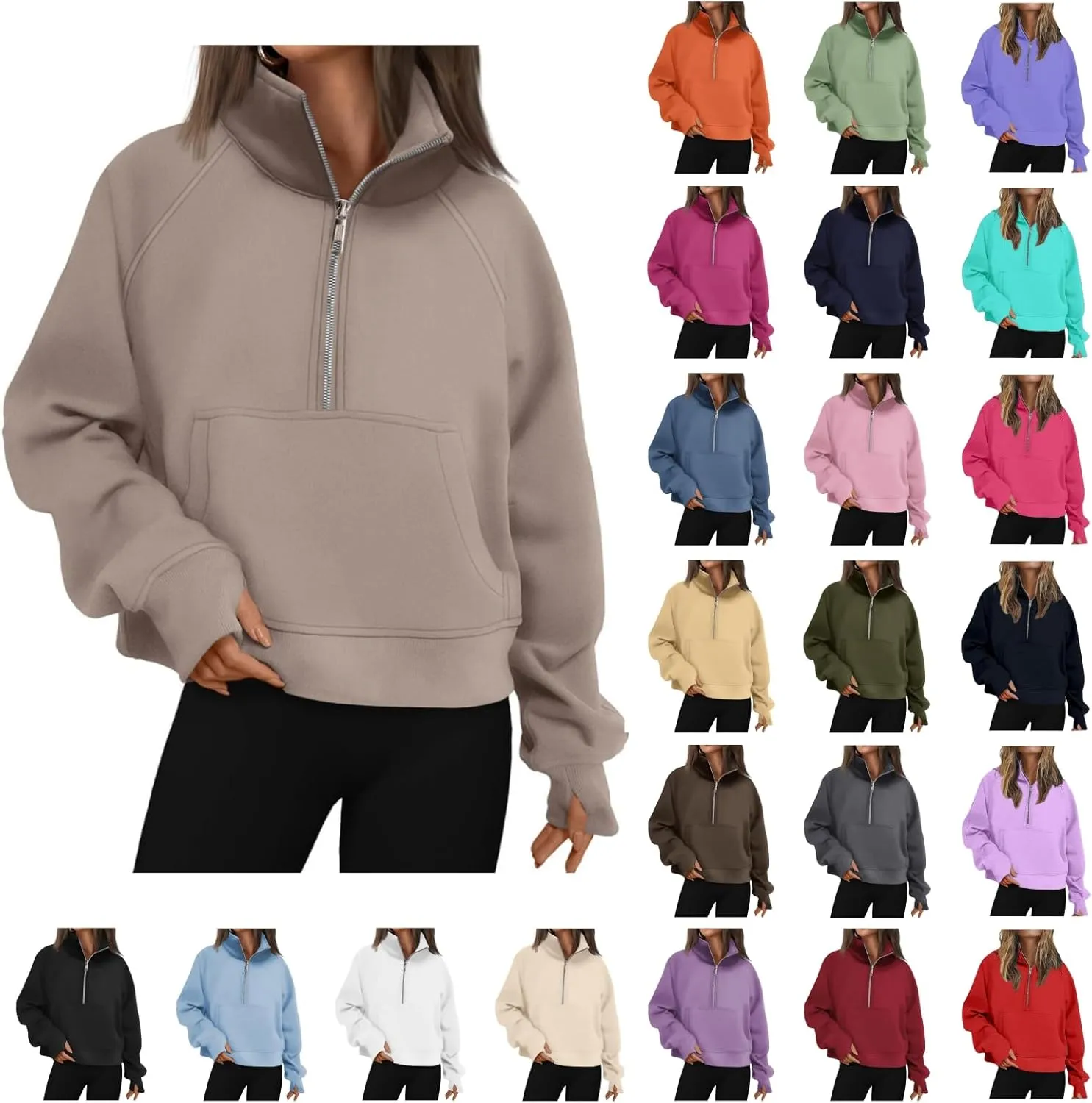 Sweatshirt for Womens Fall Fashion 2024 Half Zip Cropped Sweatshirt Pullover Fleece Quarter Zip Hoodie Thumb Hole