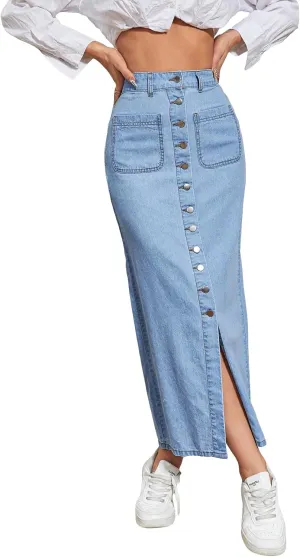 SweatyRocks Women's High Waist Button Front Straight Hem Denim Skirt Casual Split Hem Pocket Long Jean Skirt