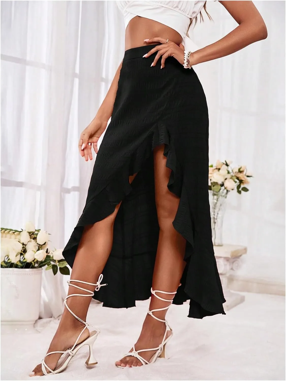SweatyRocks Women's High Waisted Ruffled Asymmetric Hem Long Skirt Split High Low Maxi Skirts