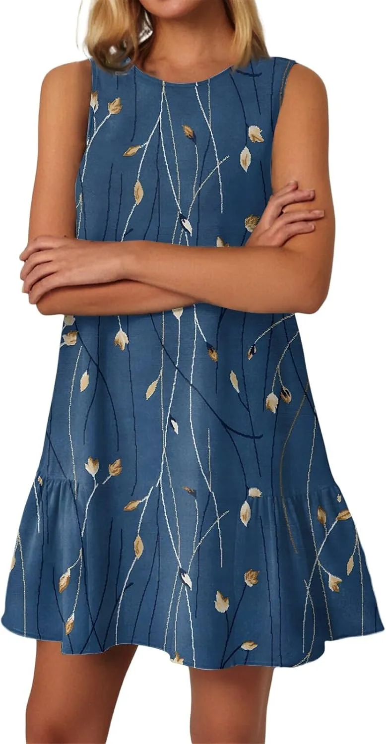 T-Shirt Dresses Women Summer Sleeveless Ruffle Hem Mini Dress Casual Crewneck Cute Printed Sundress 2025