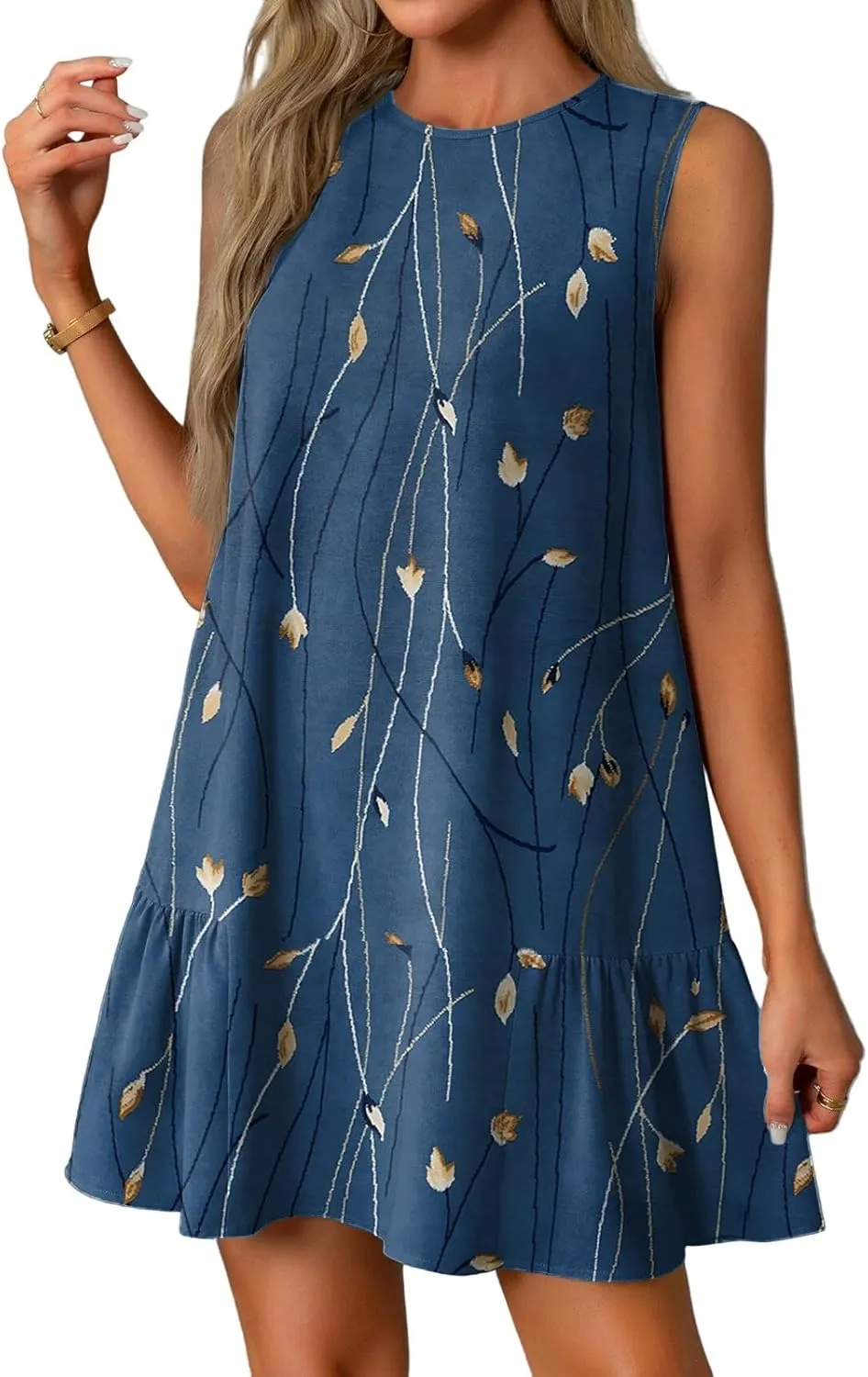 T-Shirt Dresses Women Summer Sleeveless Ruffle Hem Mini Dress Casual Crewneck Cute Printed Sundress 2025