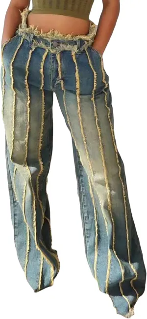Tbahhir Baggy Wide Leg Jeans for Women Frayed Fringe Distressed Patchwork High Waisted Boyfriend Y2K Denim Pants Trendy
