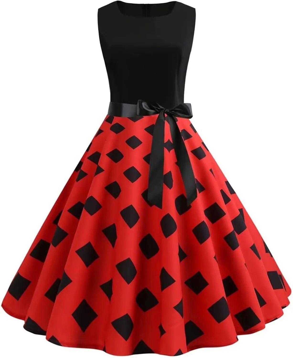 Tea Party Dresses for Woman Fitted Petite Polka Dots Tie Belt Empire Waist Flowy Swing Mini Dress Retro Party 80S Outfit