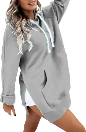 The Warmy Oversized Hoodie Dress for Women Trendy Casual Long Sleeve Split Hem Pullover Weighted Hoodie with Pocket
