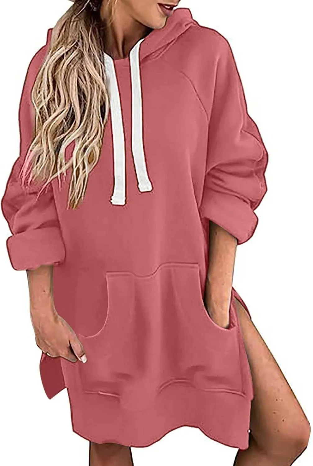 The Warmy Oversized Hoodie Dress for Women Trendy Casual Long Sleeve Split Hem Pullover Weighted Hoodie with Pocket