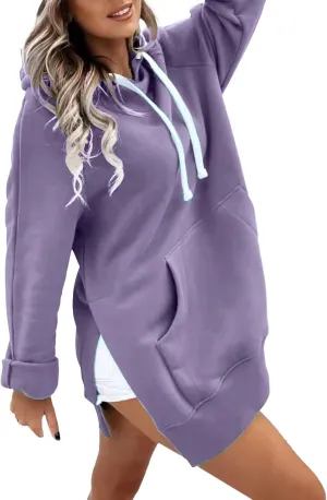 The Warmy Oversized Hoodie Dress for Women Trendy Casual Long Sleeve Split Hem Pullover Weighted Hoodie with Pocket