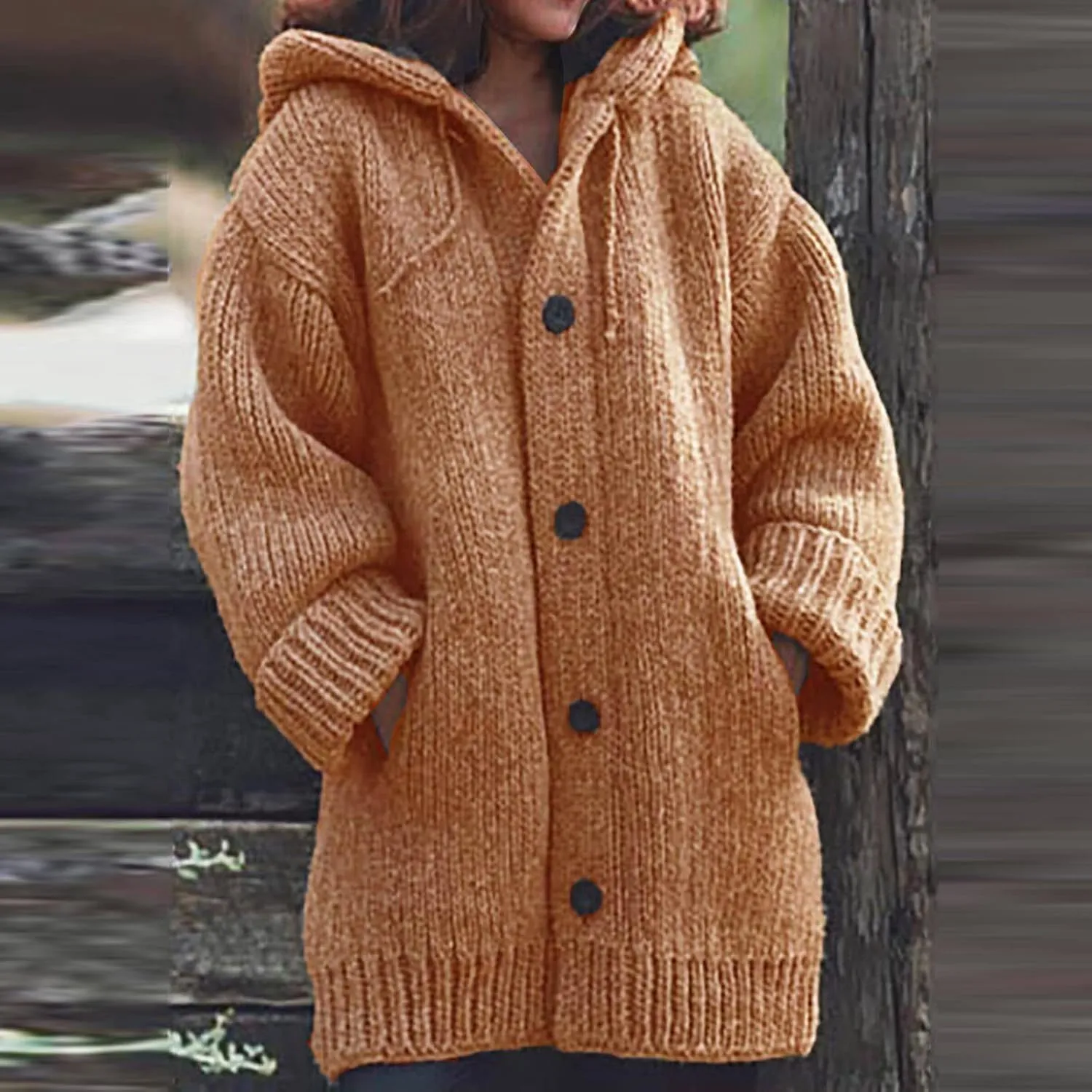 Thick Sweaters Cardigan for Women Plus Size Knitted Hooded Coat Long Sleeve Button Down Warm Jacket Hoodies with Pocket