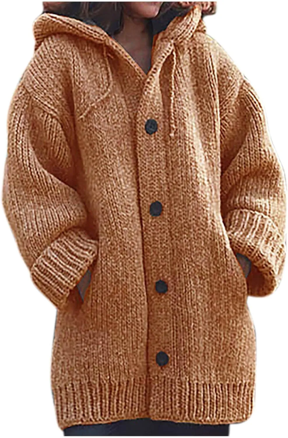 Thick Sweaters Cardigan for Women Plus Size Knitted Hooded Coat Long Sleeve Button Down Warm Jacket Hoodies with Pocket