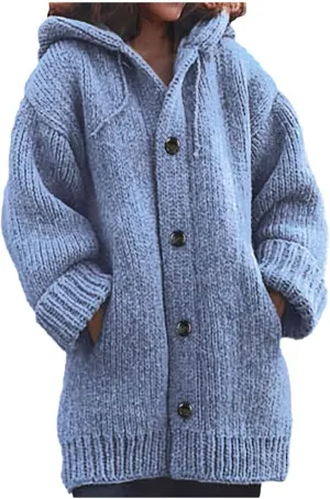 Thick Sweaters Cardigan for Women Plus Size Knitted Hooded Coat Long Sleeve Button Down Warm Jacket Hoodies with Pocket