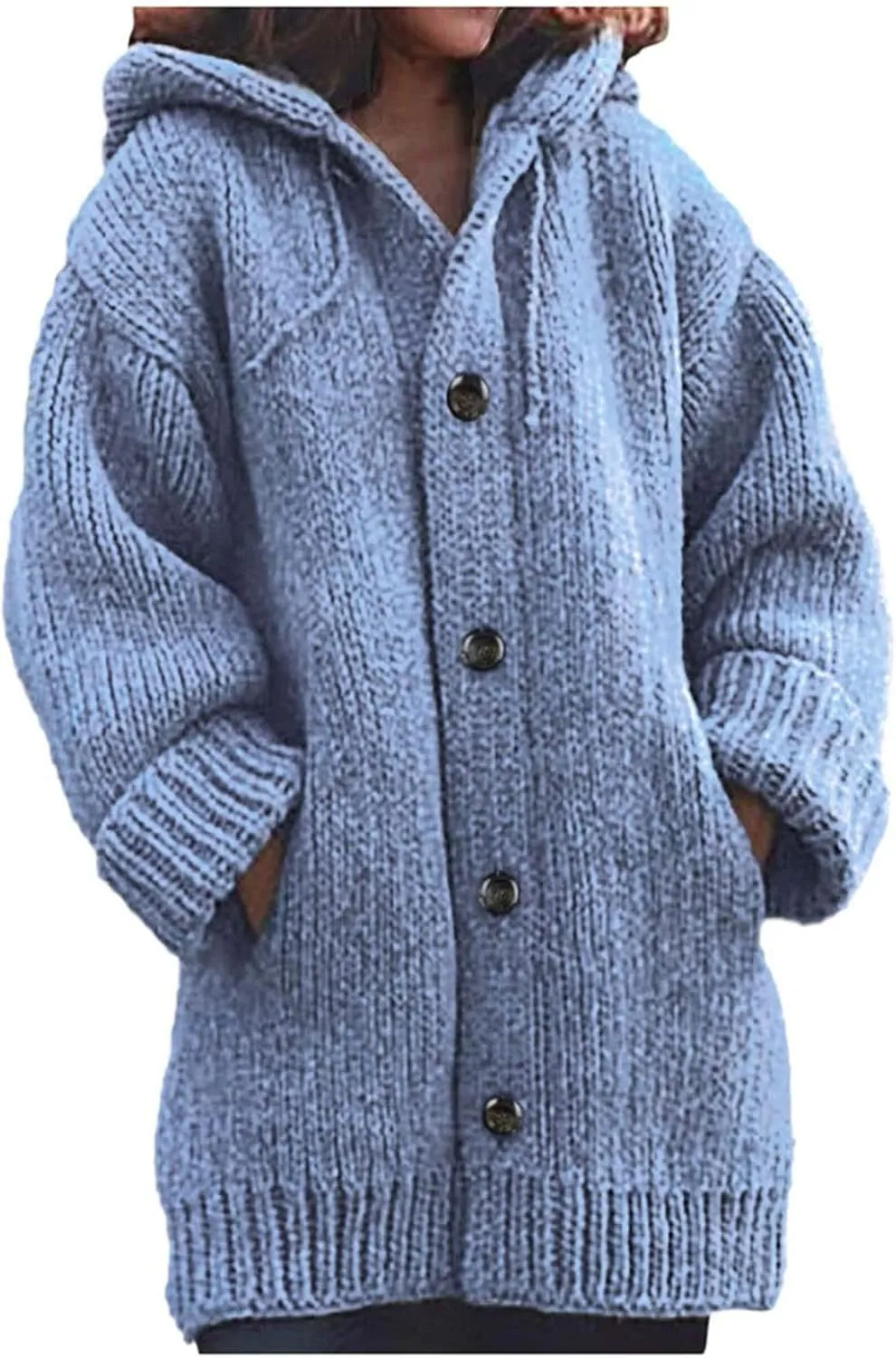 Thick Sweaters Cardigan for Women Plus Size Knitted Hooded Coat Long Sleeve Button Down Warm Jacket Hoodies with Pocket