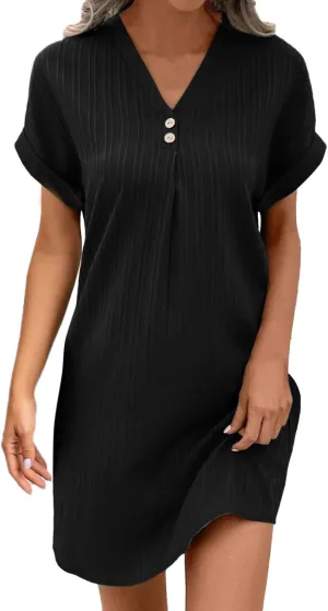 Tshirt Dress Women Holiday Bohemian Button V Neck Short Sleeve Midi Ruched Dresses Party Vacation Beach Sundresses for Women