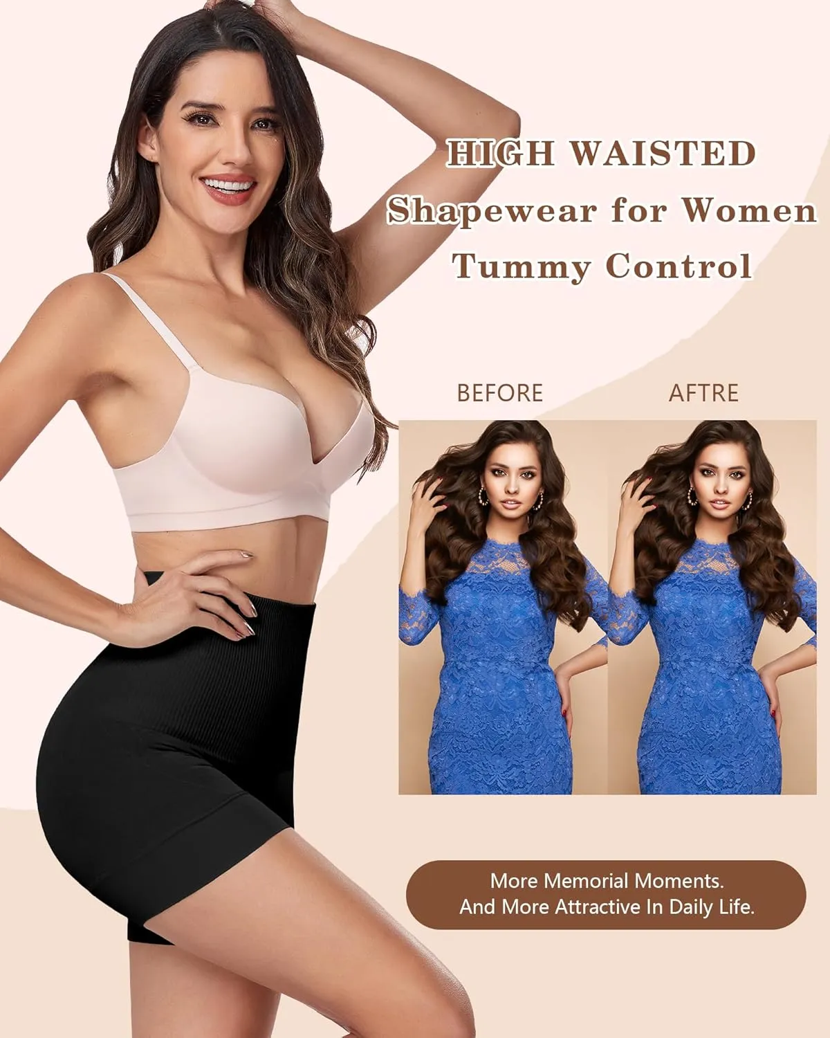 Visible tummy control high waist shapewear for women with slip shorts for under dresses and skirts