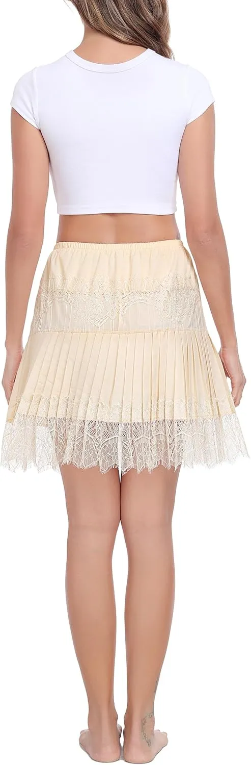 Vlazom Womens Half Slip Pleated Ruffle Lace Slip Skirt Layered Flowy Short Skirt Shirt Dress Extender S-XXL
