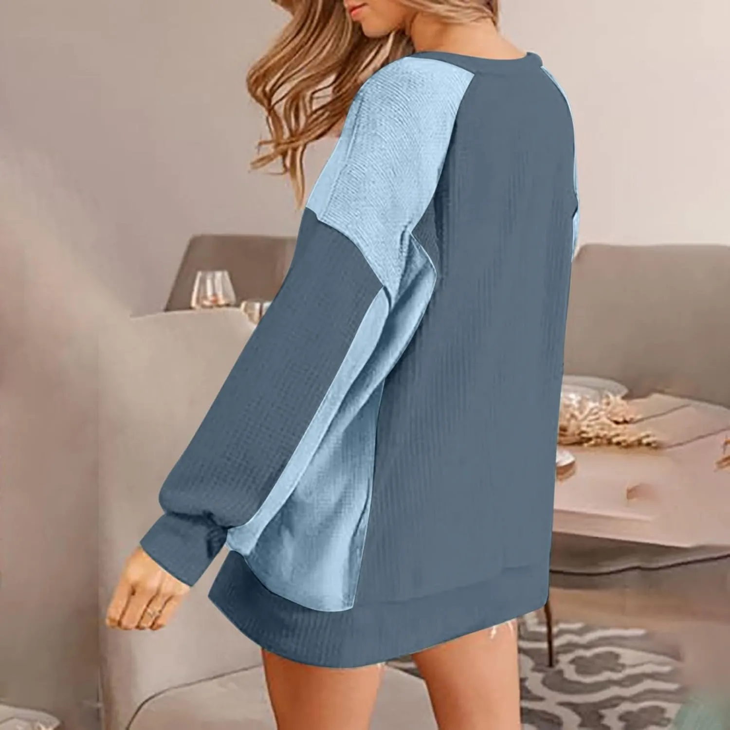 Waffle Knit Sweatshirts for Women Colorblock Patchwork Pullover Tops Fashion Casual Crewneck Baggy Tunic Sweater 2024