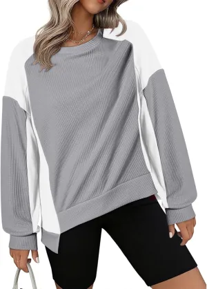 Waffle Knit Sweatshirts for Women Colorblock Patchwork Pullover Tops Fashion Casual Crewneck Baggy Tunic Sweater 2024