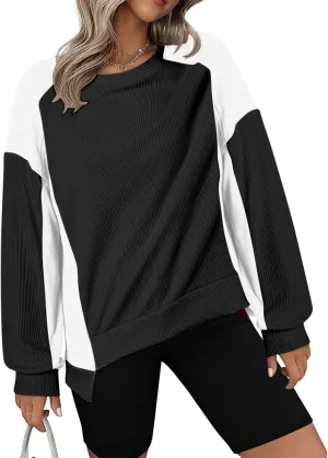Waffle Knit Sweatshirts for Women Colorblock Patchwork Pullover Tops Fashion Casual Crewneck Baggy Tunic Sweater 2024