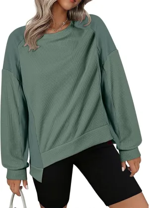 Waffle Knit Sweatshirts for Women Colorblock Patchwork Pullover Tops Fashion Casual Crewneck Baggy Tunic Sweater 2024