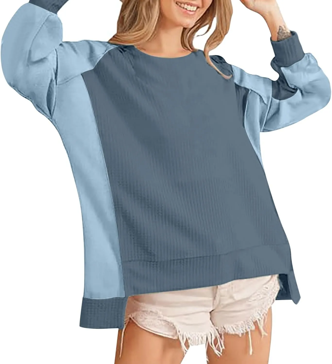 Waffle Knit Sweatshirts for Women Colorblock Patchwork Pullover Tops Fashion Casual Crewneck Baggy Tunic Sweater 2024