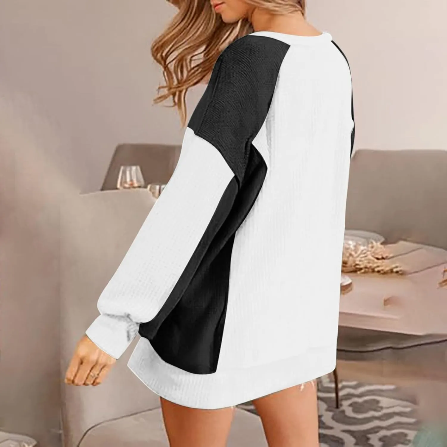 Waffle Knit Sweatshirts for Women Colorblock Patchwork Pullover Tops Fashion Casual Crewneck Baggy Tunic Sweater 2024