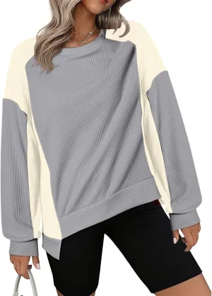 Waffle Knit Sweatshirts for Women Colorblock Patchwork Pullover Tops Fashion Casual Crewneck Baggy Tunic Sweater 2024