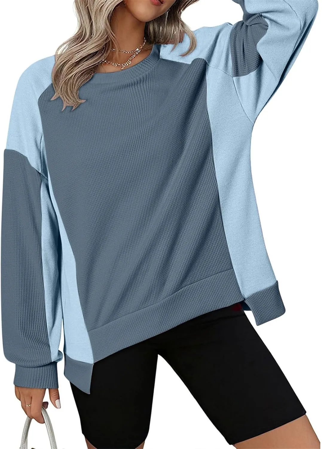 Waffle Knit Sweatshirts for Women Colorblock Patchwork Pullover Tops Fashion Casual Crewneck Baggy Tunic Sweater 2024