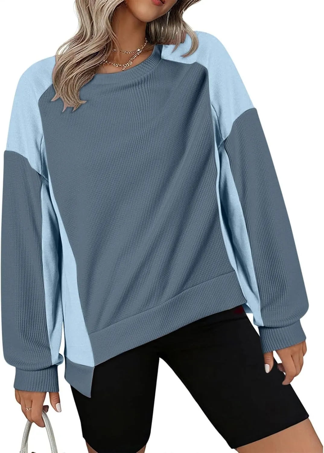Waffle Knit Sweatshirts for Women Colorblock Patchwork Pullover Tops Fashion Casual Crewneck Baggy Tunic Sweater 2024