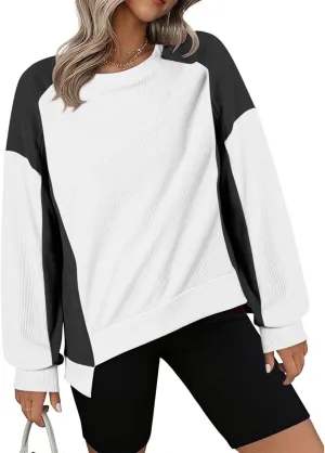 Waffle Knit Sweatshirts for Women Colorblock Patchwork Pullover Tops Fashion Casual Crewneck Baggy Tunic Sweater 2024