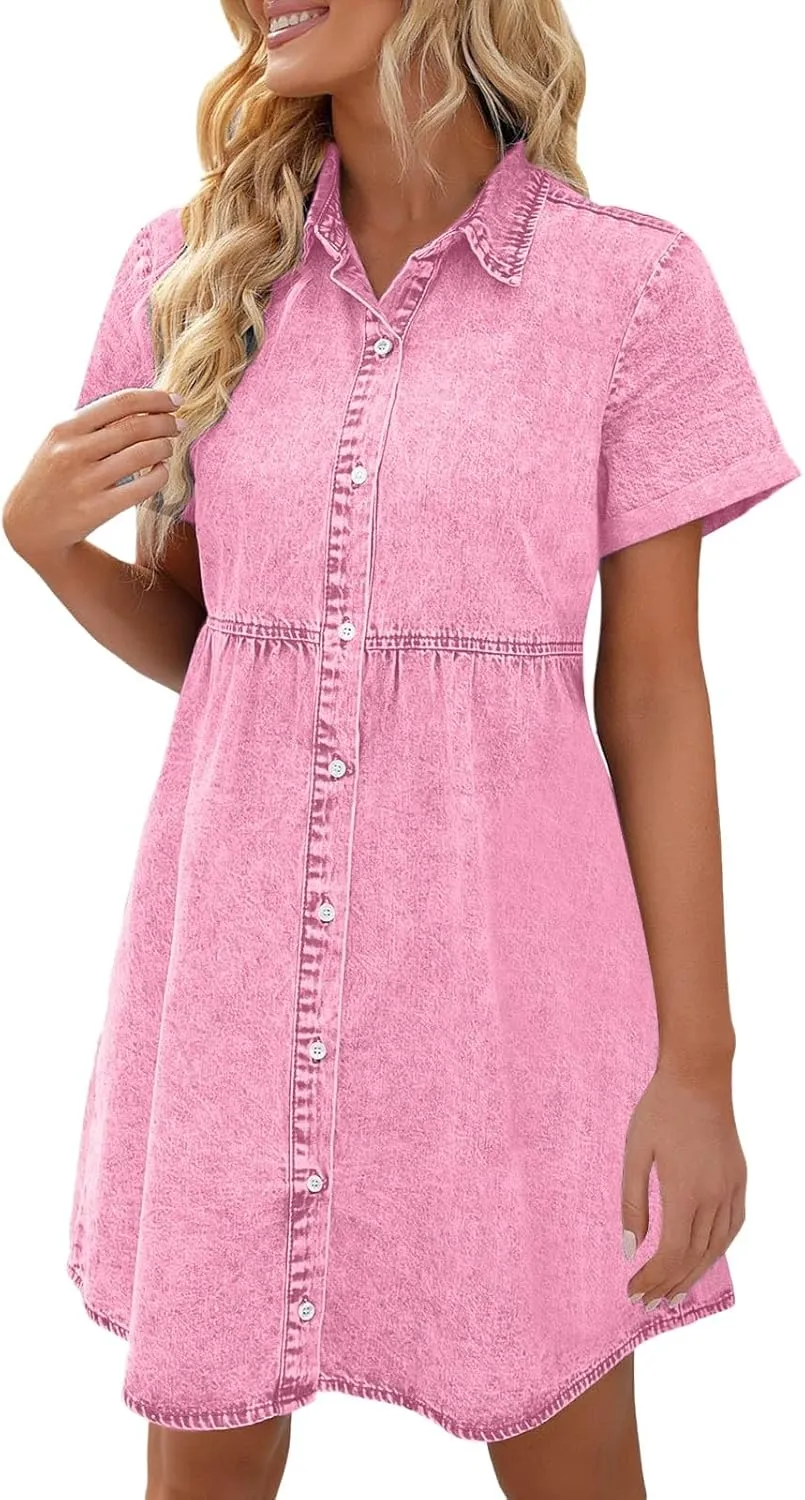 Western Denim Dress for Women Holiday Classic Button Down Short Sleeve Midi Graduation Dress Trendy Bump Friendly Clothes