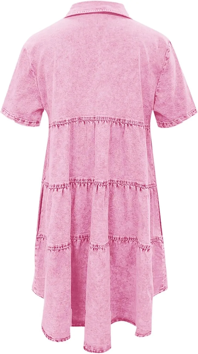Western Denim Dress for Women Holiday Classic Button Down Short Sleeve Midi Graduation Dress Trendy Bump Friendly Clothes