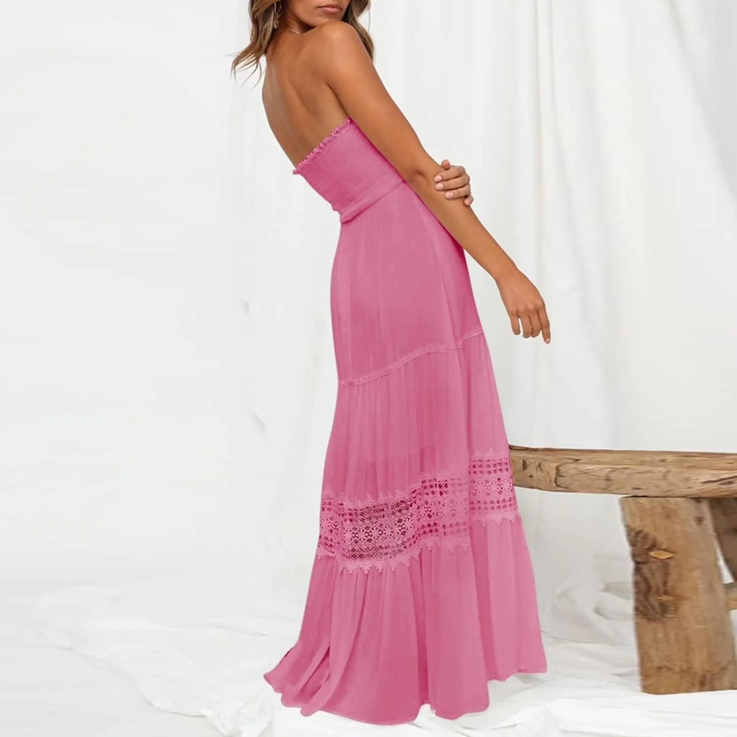 Western Dress for Women Elegant Casual Lace Ruffles Hem Strapless Semi Formal Dress Fashion Cacktail Party Sundresses