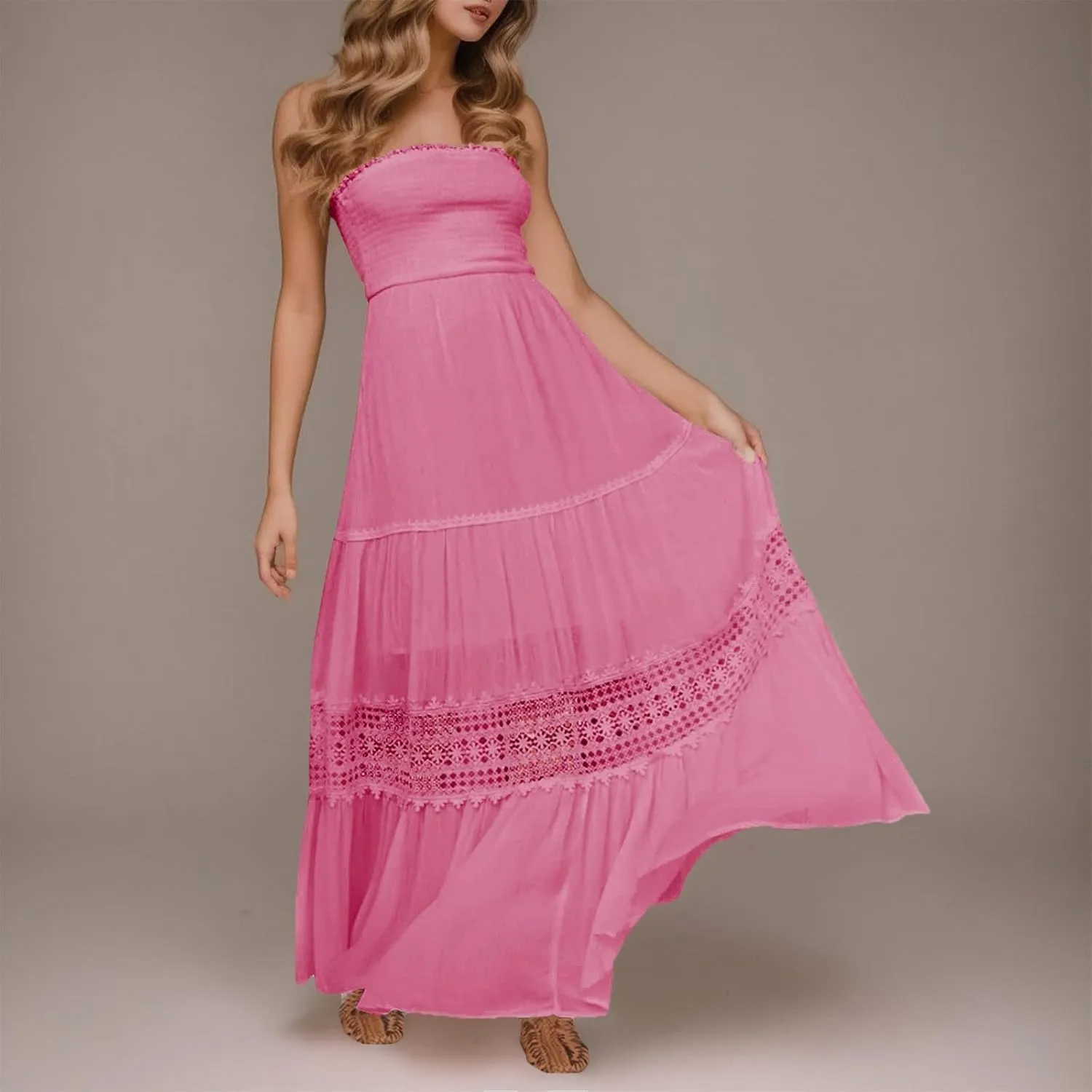 Western Dress for Women Elegant Casual Lace Ruffles Hem Strapless Semi Formal Dress Fashion Cacktail Party Sundresses