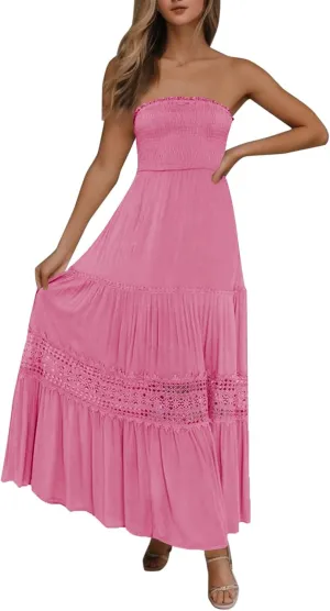 Western Dress for Women Elegant Casual Lace Ruffles Hem Strapless Semi Formal Dress Fashion Cacktail Party Sundresses