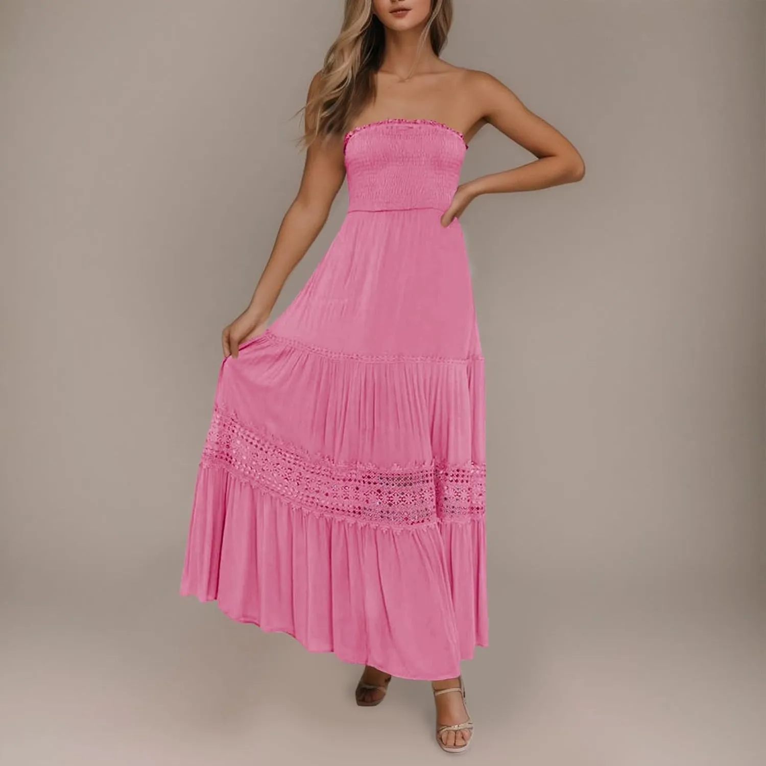 Western Dress for Women Elegant Casual Lace Ruffles Hem Strapless Semi Formal Dress Fashion Cacktail Party Sundresses