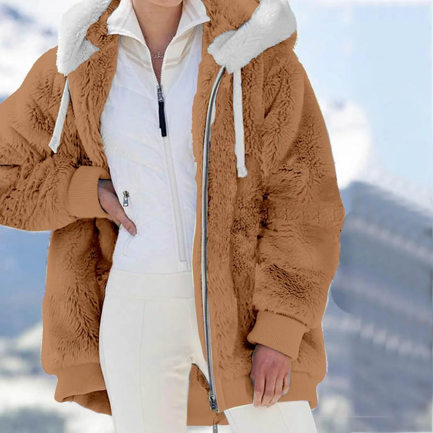 Winter Fleece Coat for Women Loose Fit Warm Fuzzy Long Sleeve Zip Up Jacket with Drawstring Hood Plush Fluffy Hoodies
