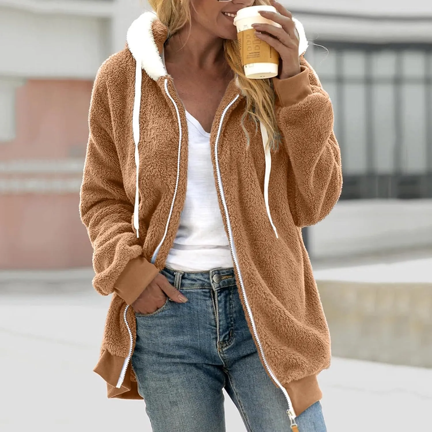 Winter Fleece Coat for Women Loose Fit Warm Fuzzy Long Sleeve Zip Up Jacket with Drawstring Hood Plush Fluffy Hoodies