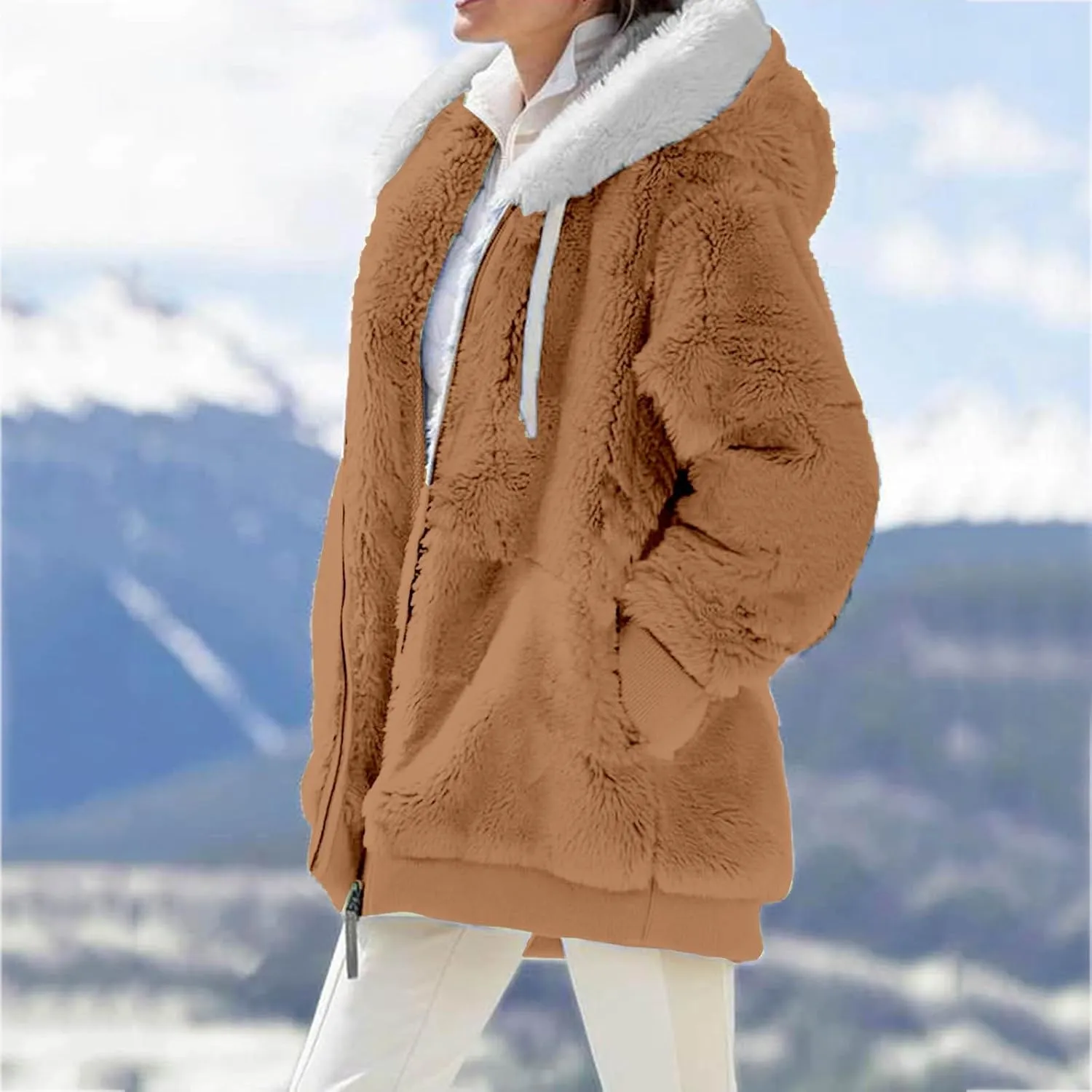 Winter Fleece Coat for Women Loose Fit Warm Fuzzy Long Sleeve Zip Up Jacket with Drawstring Hood Plush Fluffy Hoodies