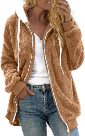 Winter Fleece Coat for Women Loose Fit Warm Fuzzy Long Sleeve Zip Up Jacket with Drawstring Hood Plush Fluffy Hoodies