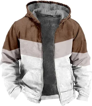 Winter Jackets for Men Warm Fleece Lined Thicken Zipper Sherpa Hoodies Colorblock Heavyweight Hooded Tactical Coats