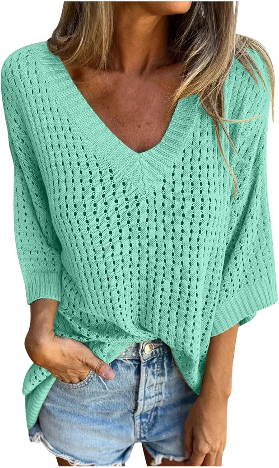 Wkishenl Womens Oversized Crochet Sweaters Casual Hollow Out Knit Tops Trendy Long Sleeve V-Neck Solid Color Pullover Shirts