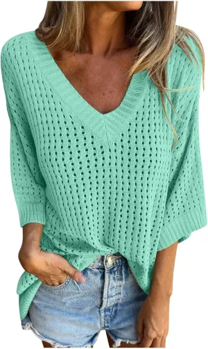 Wkishenl Womens Oversized Crochet Sweaters Casual Hollow Out Knit Tops Trendy Long Sleeve V-Neck Solid Color Pullover Shirts