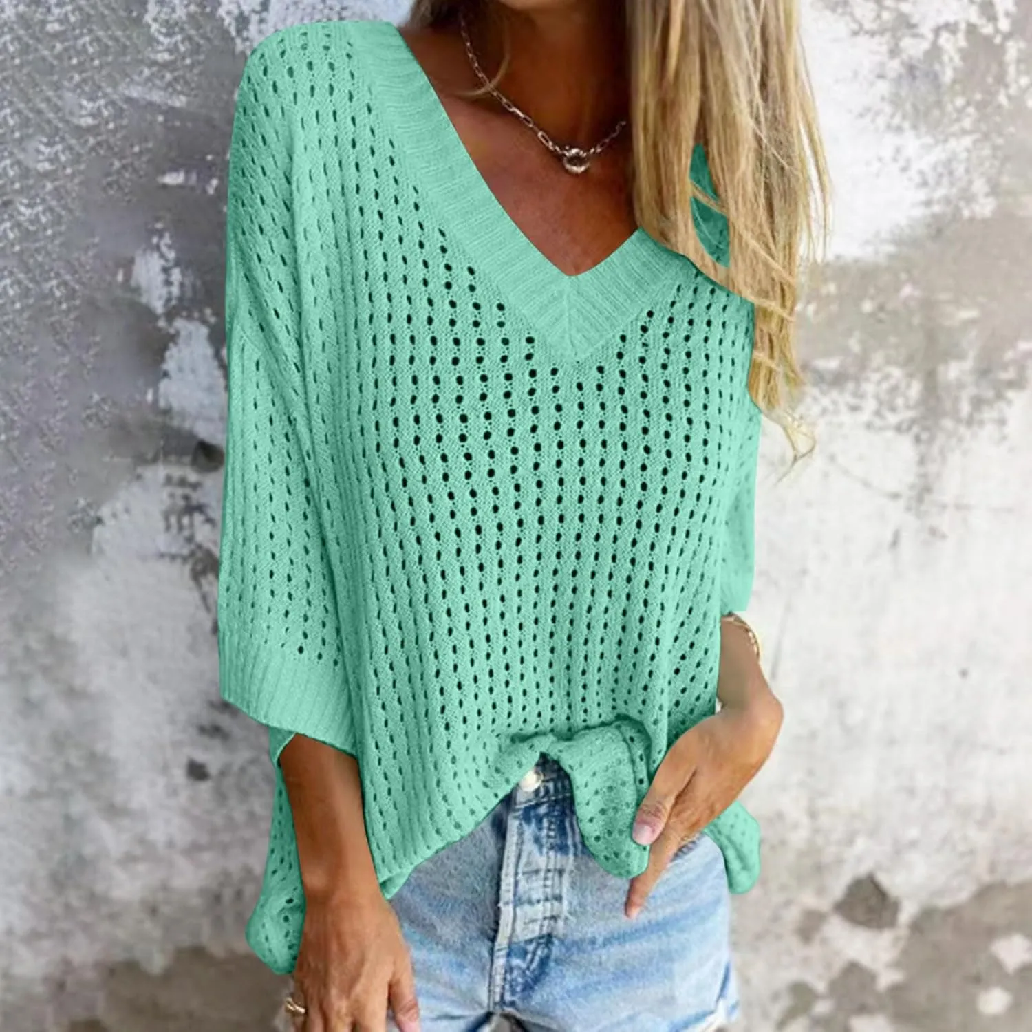 Wkishenl Womens Oversized Crochet Sweaters Casual Hollow Out Knit Tops Trendy Long Sleeve V-Neck Solid Color Pullover Shirts