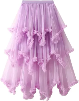 Women Asymmetric Ruffle Skirts Tulle Midi Long Skirts Solid Tulle Skirt Elastic Waist Cute Skirt