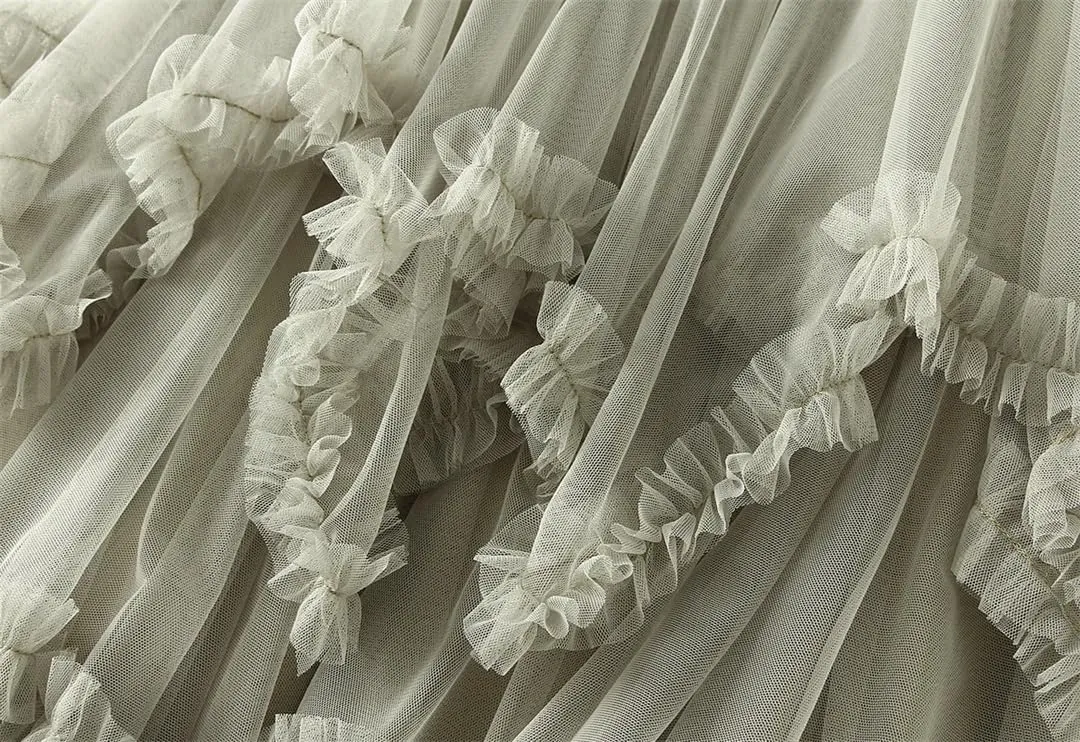 Women Asymmetric Ruffle Skirts Tulle Midi Long Skirts Solid Tulle Skirt Elastic Waist Cute Skirt