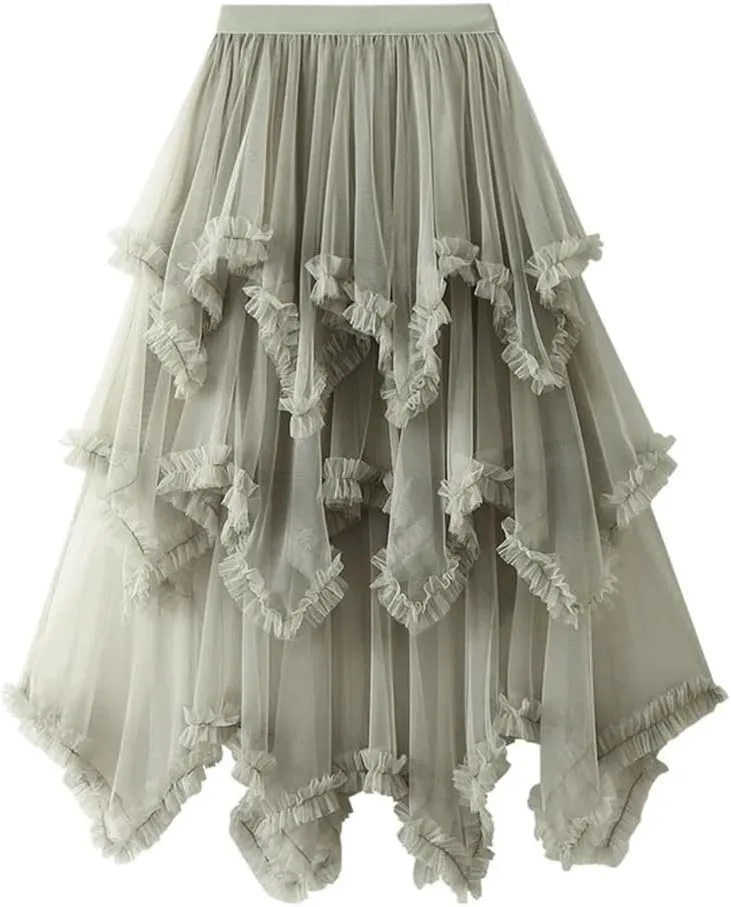 Women Asymmetric Ruffle Skirts Tulle Midi Long Skirts Solid Tulle Skirt Elastic Waist Cute Skirt