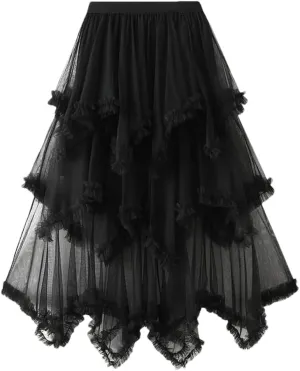Women Asymmetric Ruffle Skirts Tulle Midi Long Skirts Solid Tulle Skirt Elastic Waist Cute Skirt