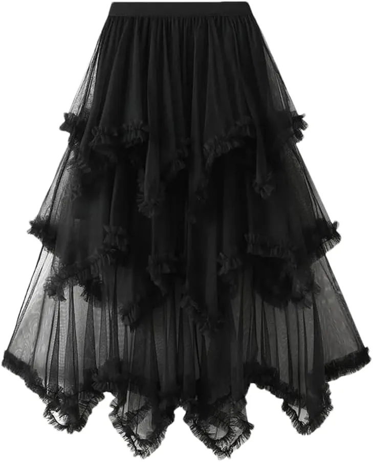 Women Asymmetric Ruffle Skirts Tulle Midi Long Skirts Solid Tulle Skirt Elastic Waist Cute Skirt