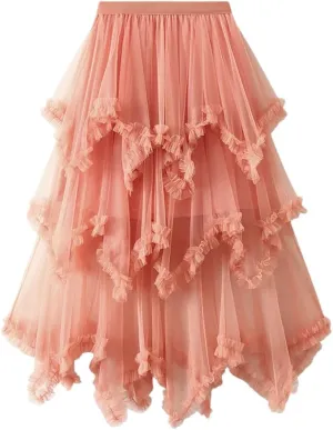 Women Asymmetric Ruffle Skirts Tulle Midi Long Skirts Solid Tulle Skirt Elastic Waist Cute Skirt