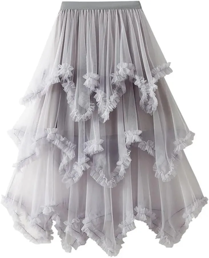 Women Asymmetric Ruffle Skirts Tulle Midi Long Skirts Solid Tulle Skirt Elastic Waist Cute Skirt